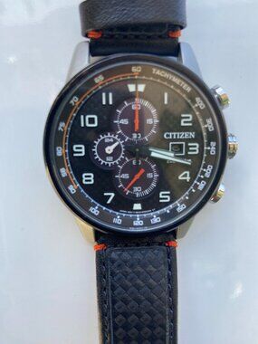 Citizen Eco-Drive Chronograph Tachymeter Wristwatch Black Leather Strap